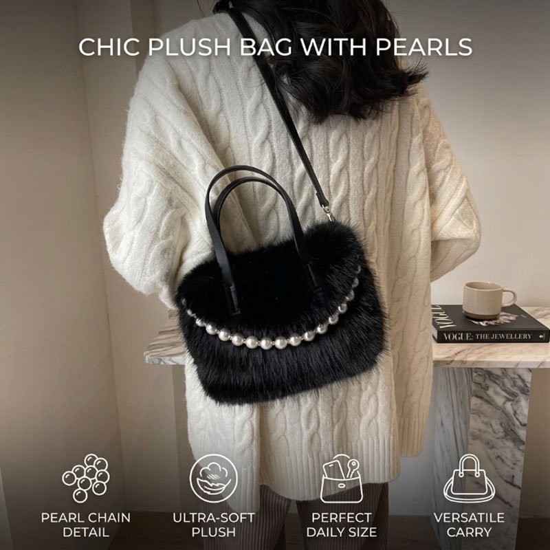 Luxury Bags Cute - Luxuriöse Plüsch-Kunstfell-Mini-Umhängetasche mit Perlenkettenriemen und Tragegriff,